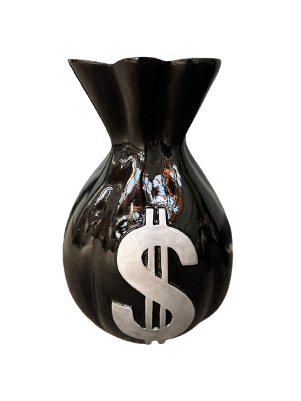 Resine Sculpture Sac Dollars Noir Argent 40cm - S&C