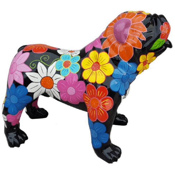 Resine Sculpture Chien Bouledogue Anglais 90CM Multi Fleuri OREN - S&C