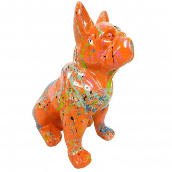 Resine Sculpture Chien Bouledogue Francais 30CM Graffiti Orange MIKAL - S&C