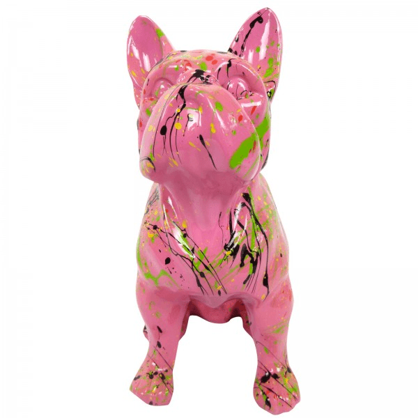 Resine Sculpture Chien Bouledogue Francais 30CM Graffiti Rose LORENZO - S&C