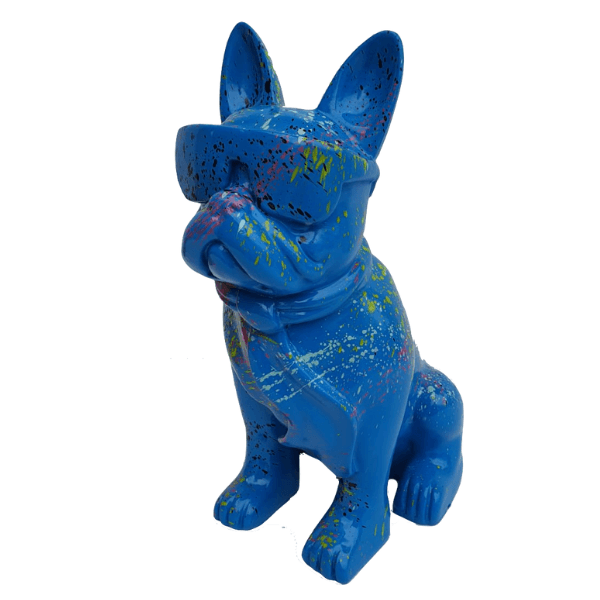 Resine Sculpture Chien Bouledogue Francais 35cm Graffiti Bleu JALMAL - S&C