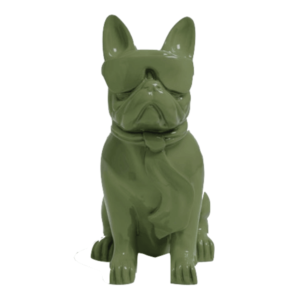 Resine Sculpture Chien Bouledogue Francais 80cm Vert Kaki LUMEN - S&C