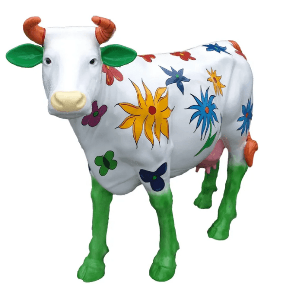 Resine Sculpture Vache 140CM Blanc Fleuri LUCAN - S&C